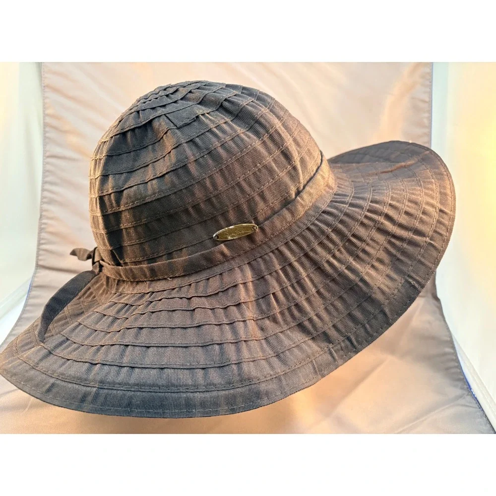 Panama Jack Womens Wide Brim Sun Hat Black Tiered Ribbon Packable One Size 3160